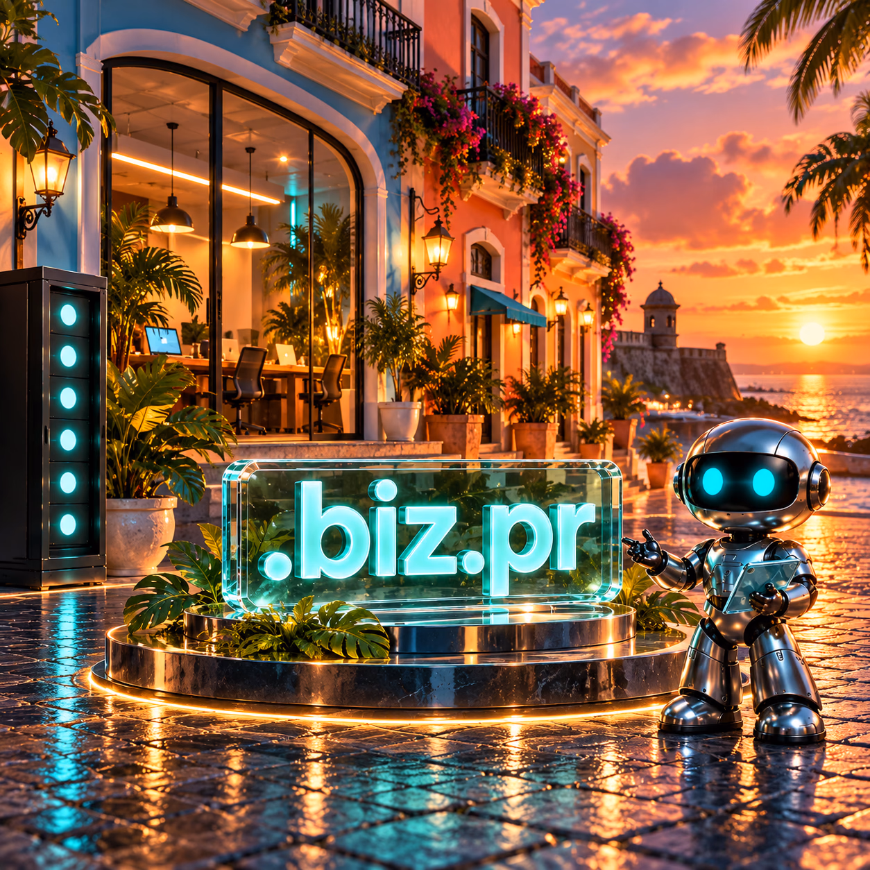 تابلوی .biz.pr در ویترین کسبوکار ساحلی پورتوریکو، ربات و سرور در دو سوی قاب.