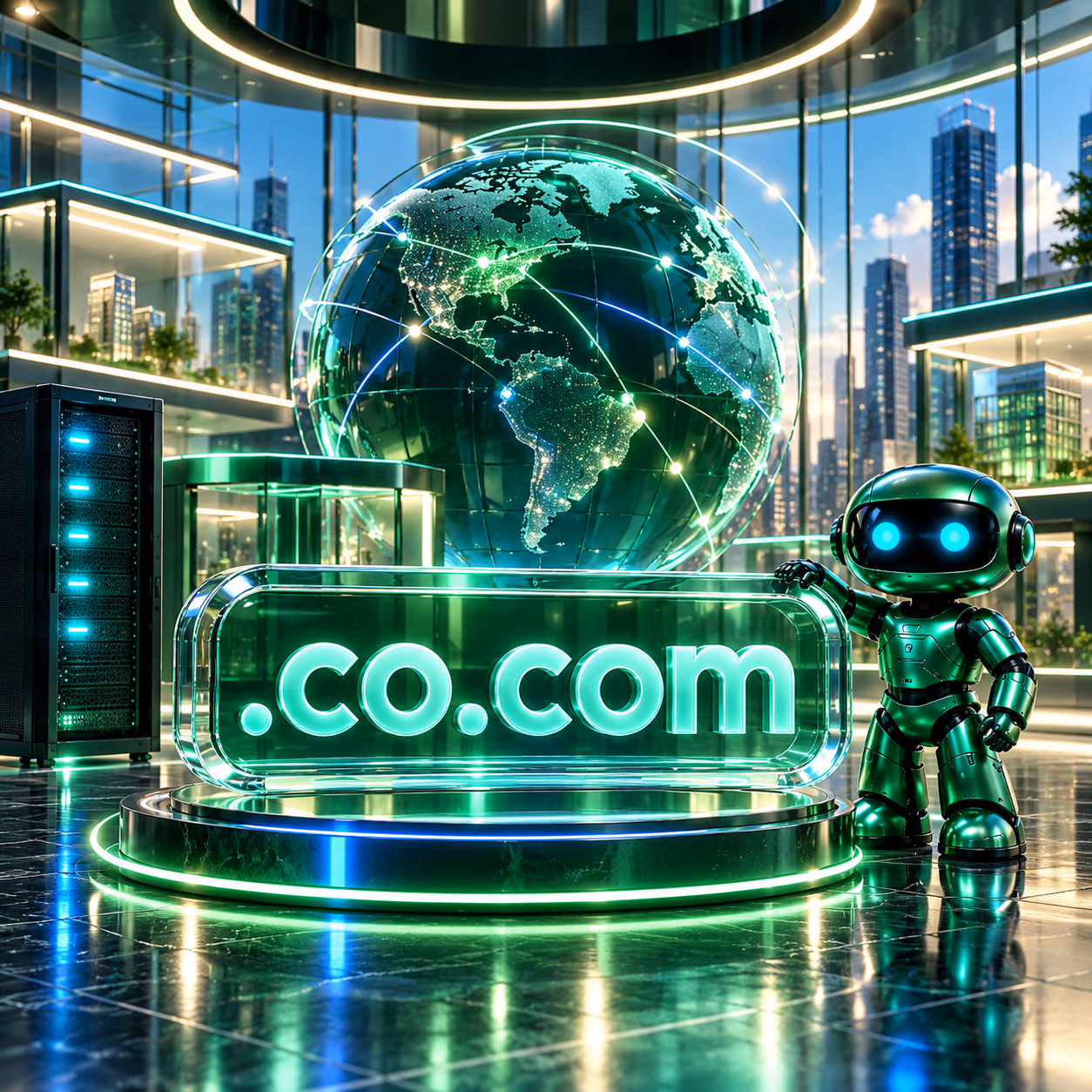 ویترین مدرن با تابلوی .co.com و ربات راهنمای خرید در کنار رکهای روشن.