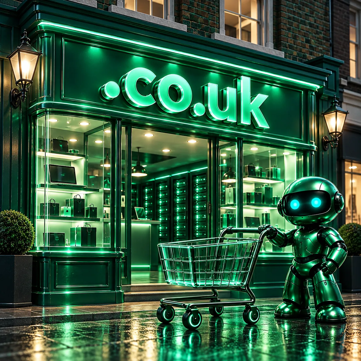 ویترین خیابانی بریتانیا با ربات و دیوار سرور؛ تصویر مرتبط با بازار .co.uk.