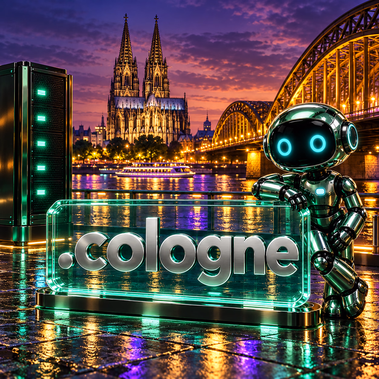 کلیسای جامع کلن کنار رود راین، رک باریک و تابلوی .cologne در قاب شبانه.