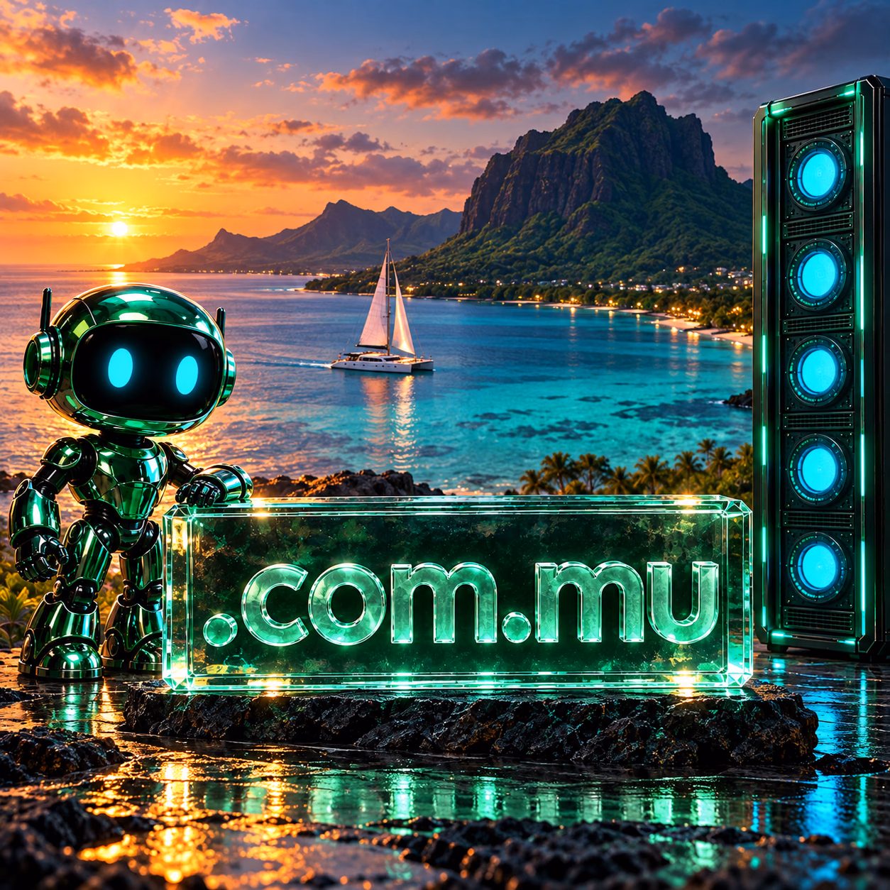 ساحل آتشفشانی موریس، قایق شبکه‌ای و ربات راهنما کنار نشان .com.mu.