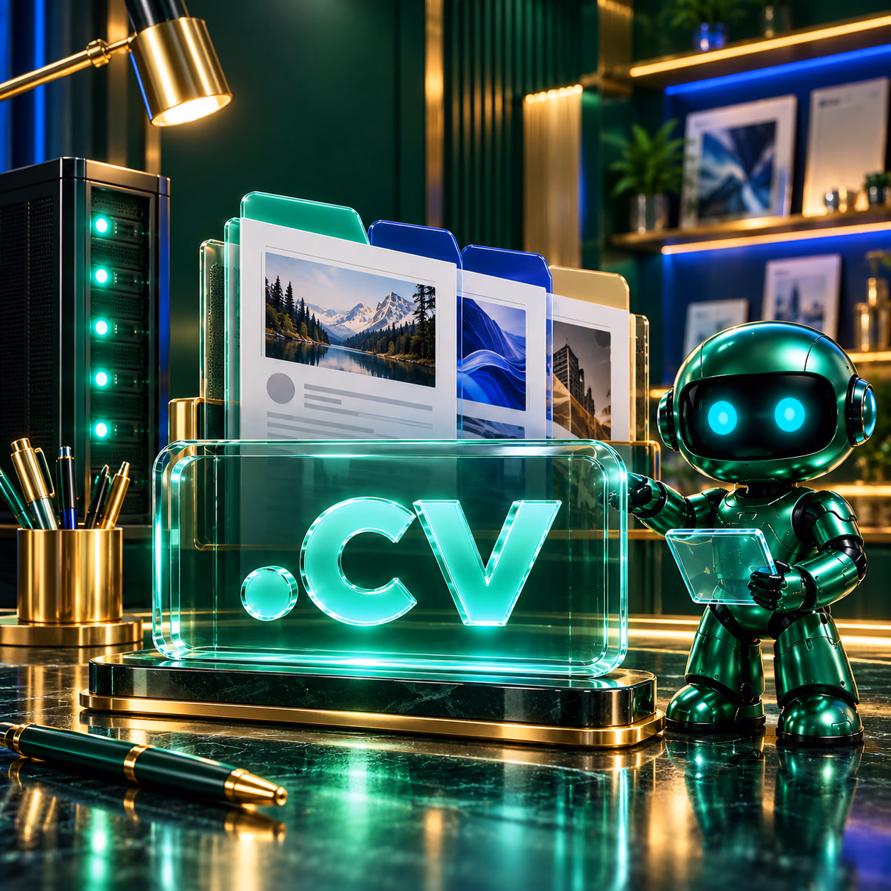 میز ساخت رزومه با کارت نمونهکار، نور آبی و طلایی و نشان .cv در کنار ربات.