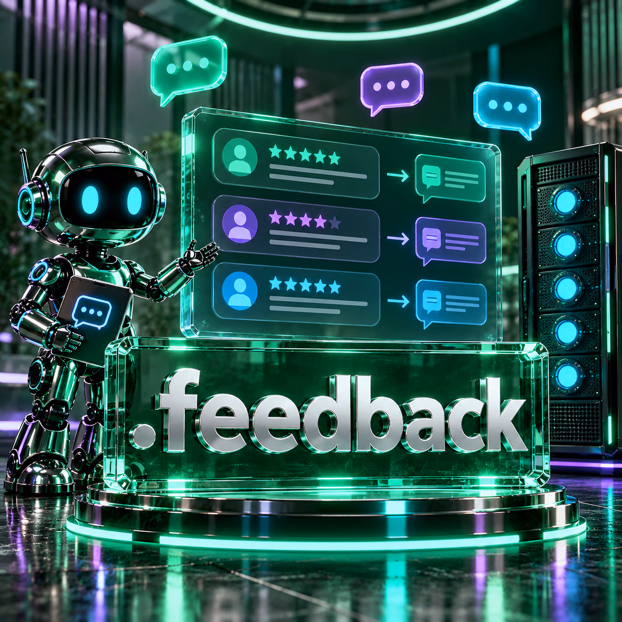 حبابهای نظر، مسیر پاسخگویی و ربات پشتیبان کنار نشان .feedback با رنگهای بنفش و فیروزهای.