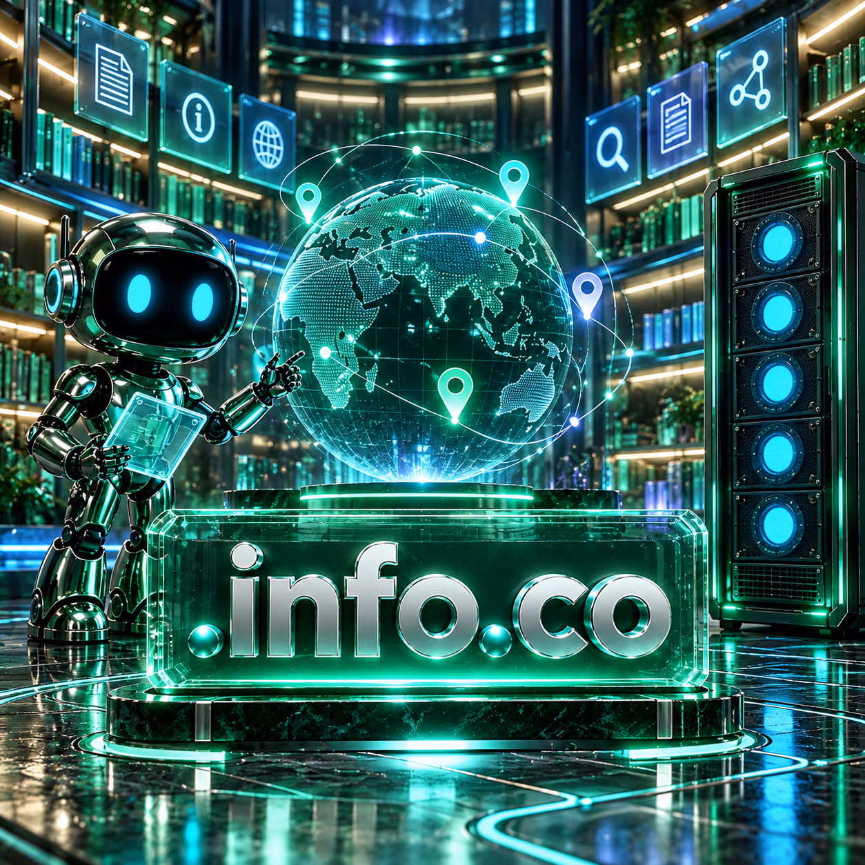 مرکز اطلاعات دیجیتال با قفسهٔ راهنما، پنل پاسخها و ربات خدمترسان کنار نشان .info.co.