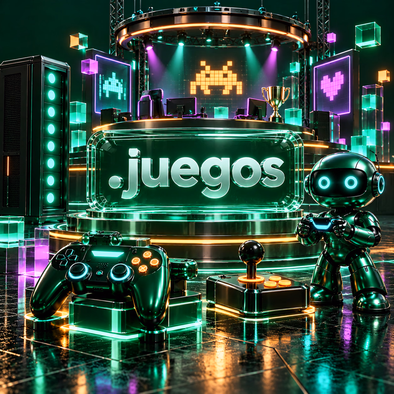 استودیوی بازی دیجیتال با آرکید شیشهای، کنترلر و نورهای بنفش و نارنجی در کنار .juegos.