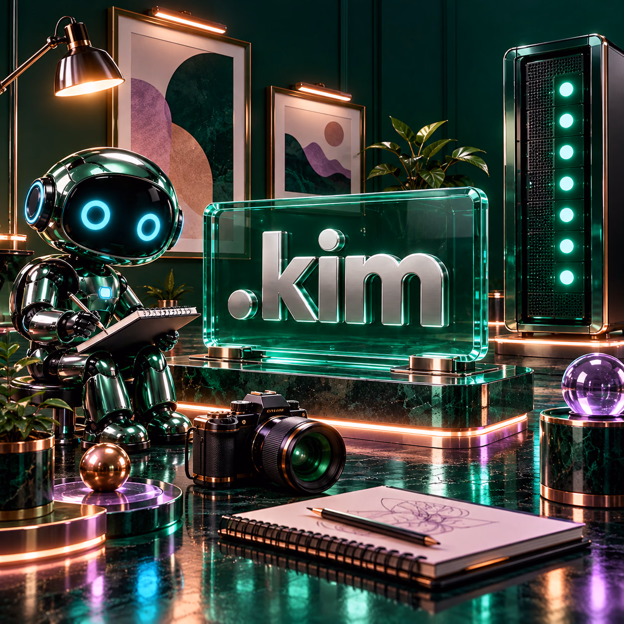 استودیوی پرتفولیوی شخصی با میز طراحی، آثار چاپی انتزاعی و نشان مینیمال .kim.