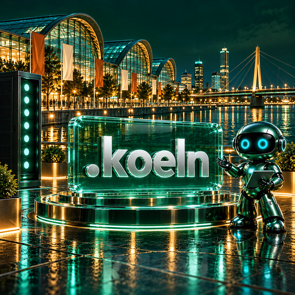 محوطهٔ نمایشگاهی مدرن کنار رود راین و پلهای کلن با نشان روشن .koeln.