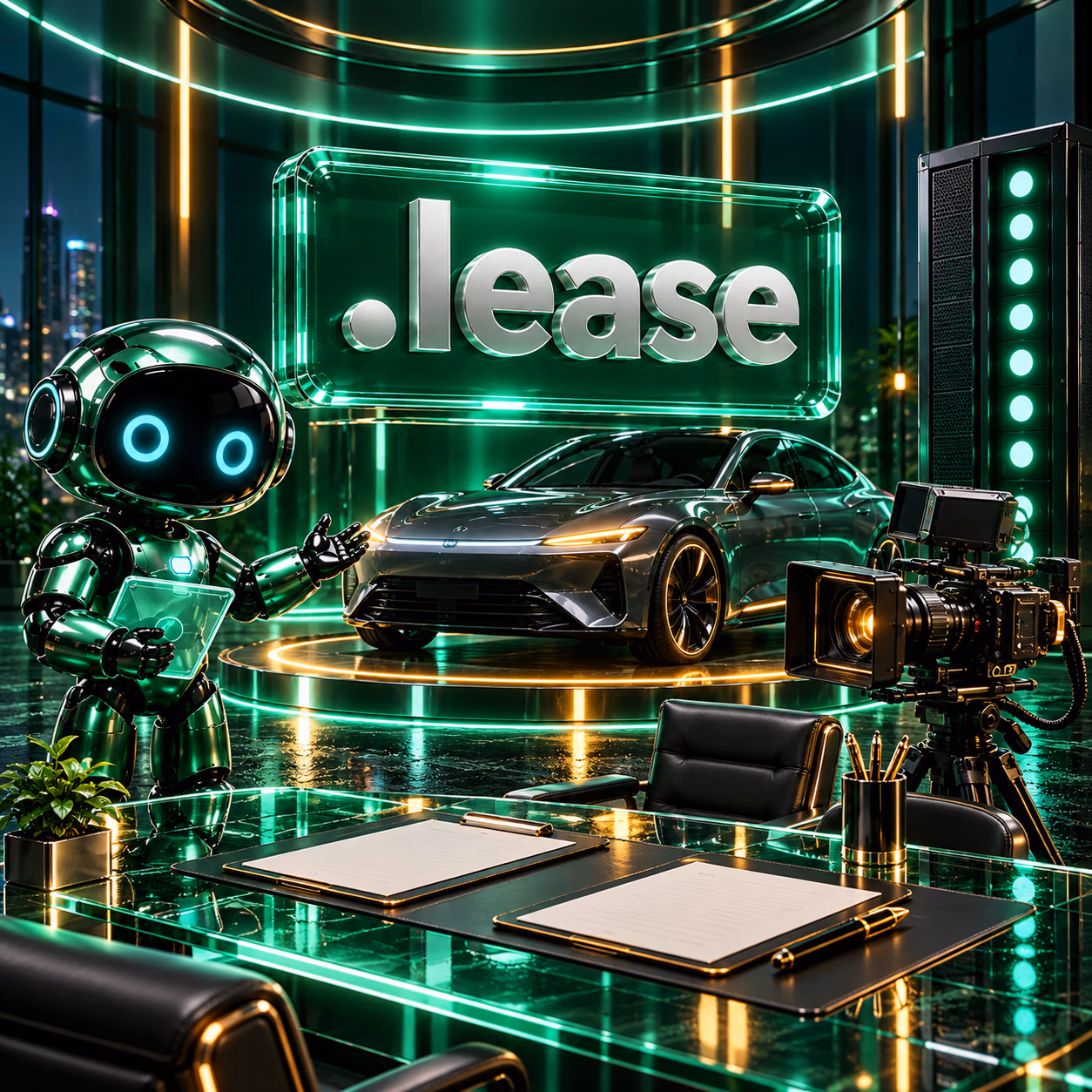 نمایشگاه مدرن خودرو و فضای اجارهٔ تجهیزات با پروندهٔ قراردادی و نشان .lease.