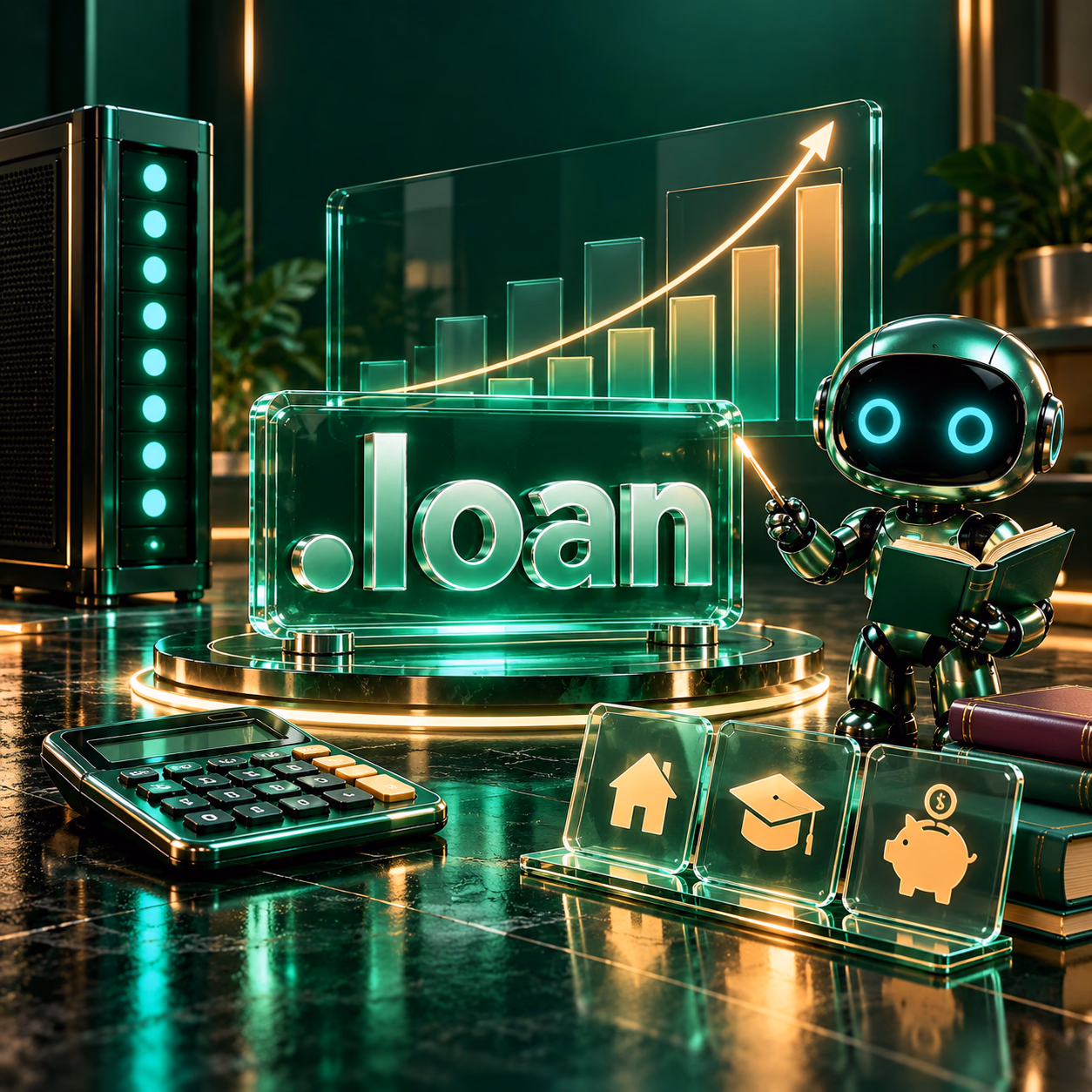 میز آموزش سواد مالی با نمودار، ماشین‌حساب و داشبورد شفاف کنار نشان .loan.