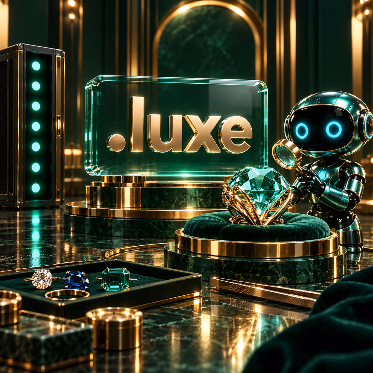 آتلیهٔ جواهرسازی معاصر با سنگهای رنگی، ابزار دقیق و پلاک شیشهای .luxe.