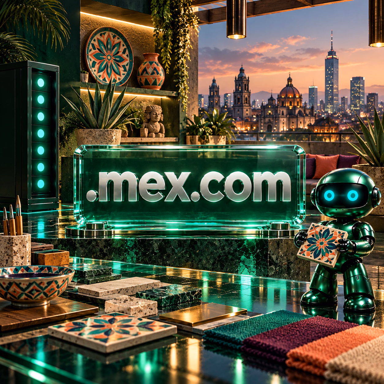 آتلیهٔ طراحی شهری در مکزیکوسیتی با سفال هندسی، نمای شهری و نشان .mex.com.