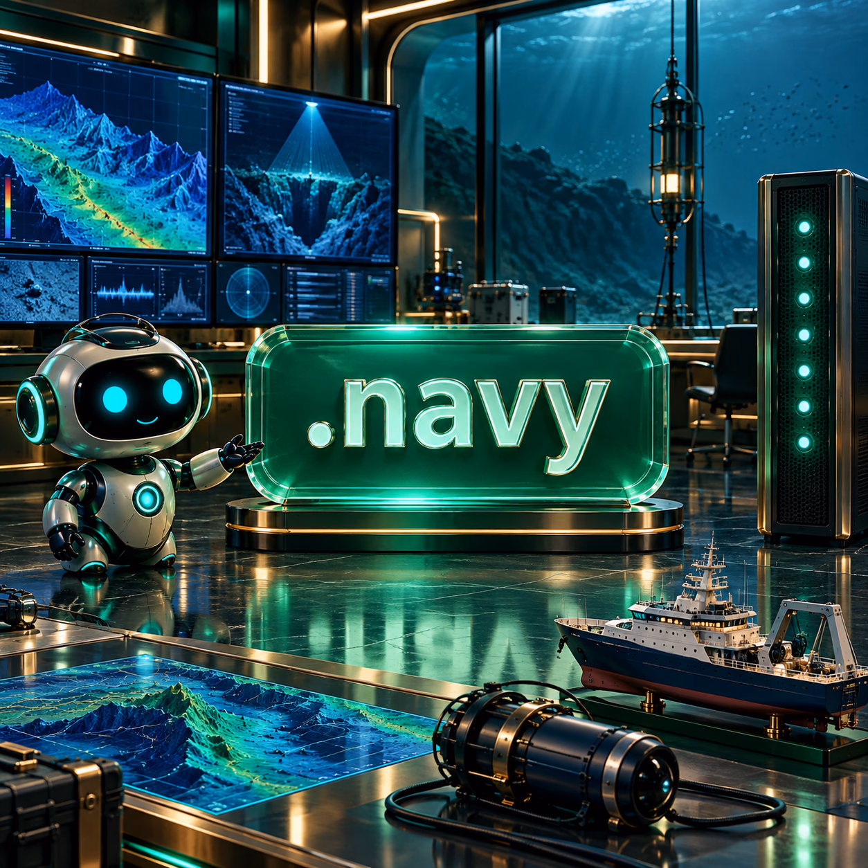 آزمایشگاه مهندسی اقیانوس با نقشهٔ سونار، نمونهٔ کشتی و پلاک .navy.