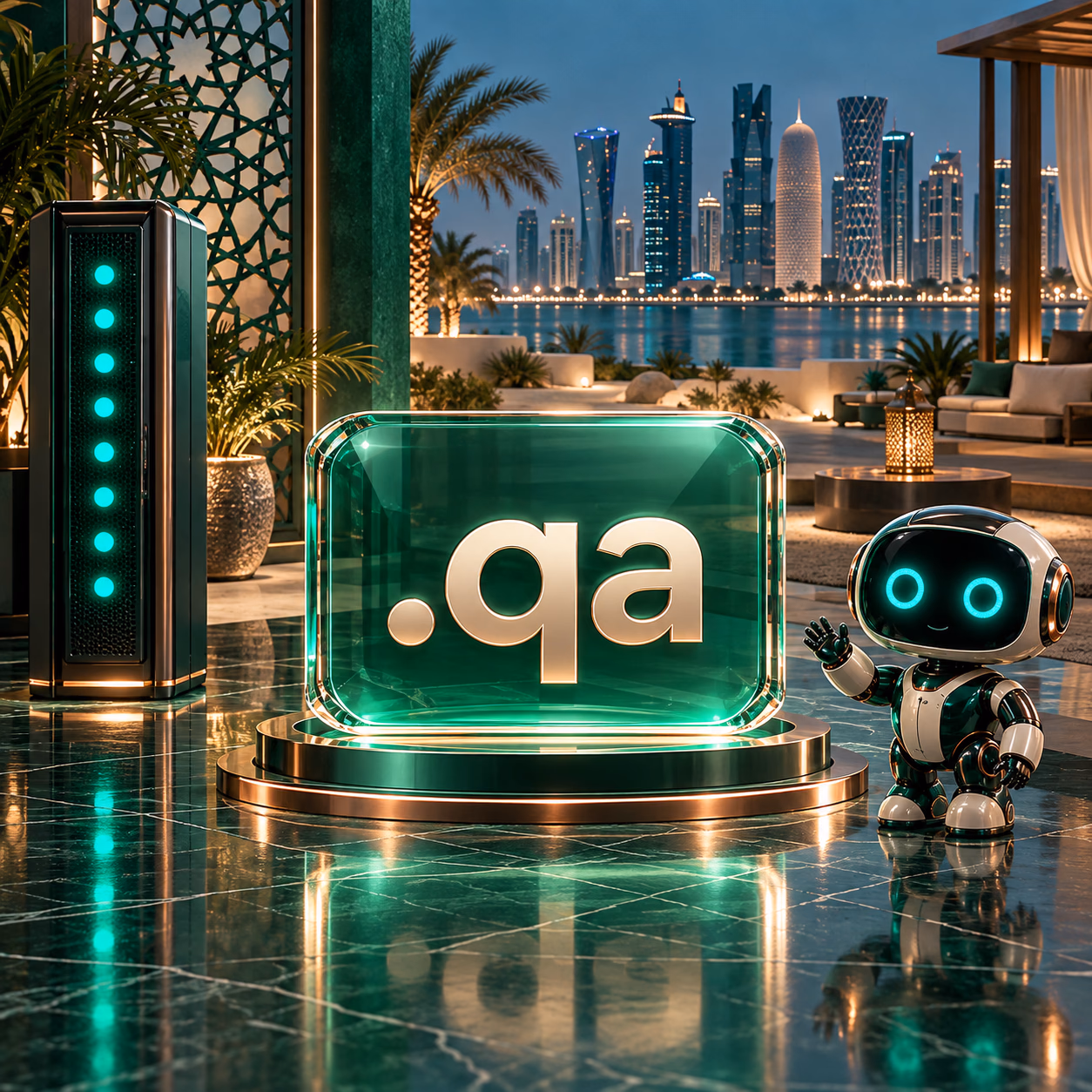 مرکز خدمات دیجیتال کنار خط افق دوحه و طرح هندسی خلیج با نشان .qa.