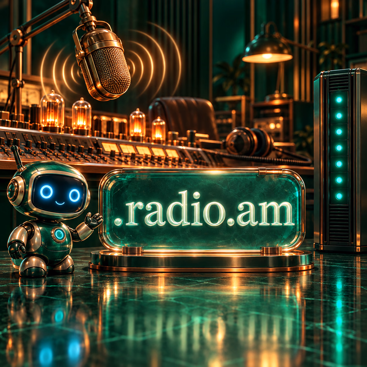 استودیوی رادیویی با میکسر صدا، میکروفون و موجهای آنالوگ کنار پلاک .radio.am.