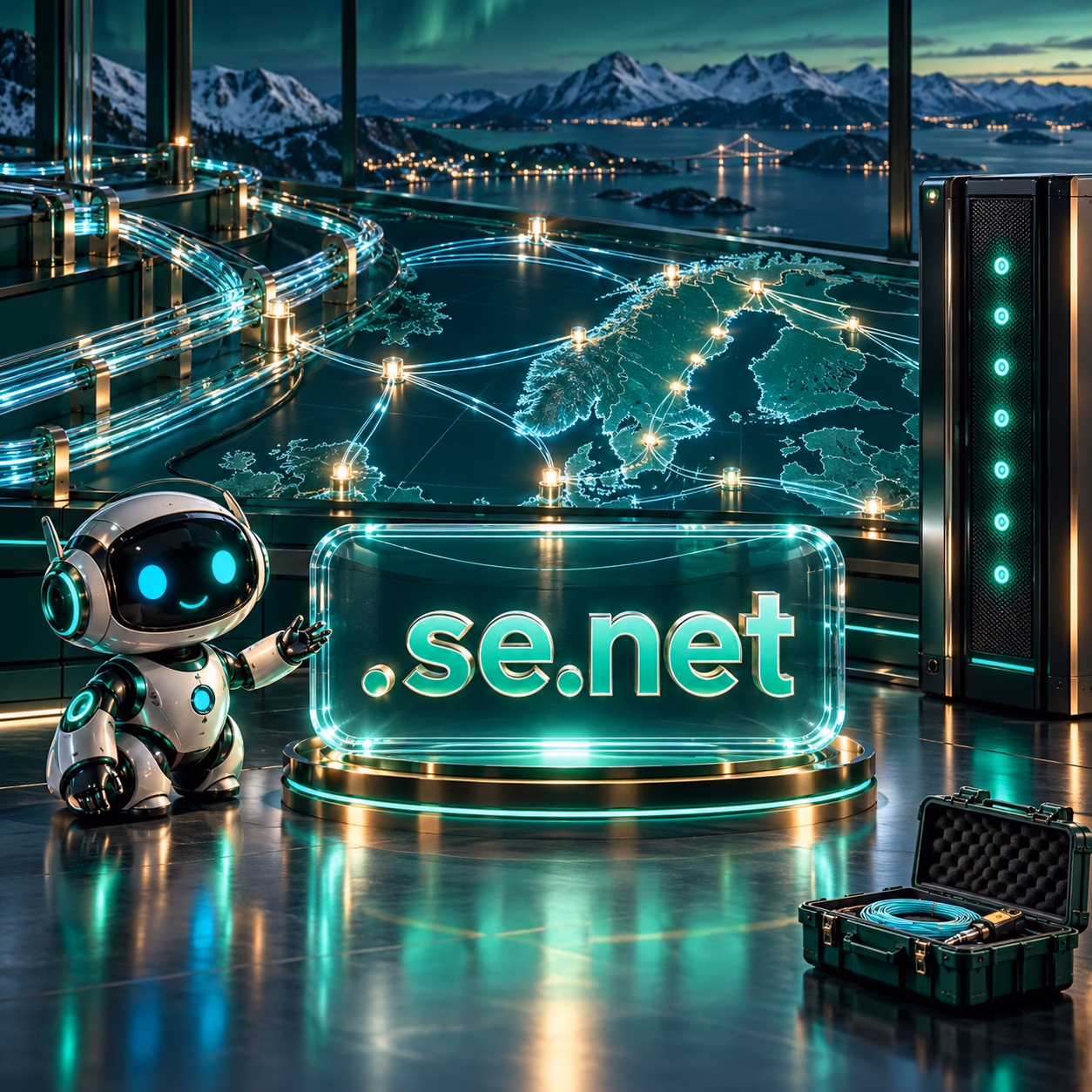 مرکز اتصال شبکهٔ فیبر نوری با نقشهٔ شمال اروپا و نشان کامل .se.net.