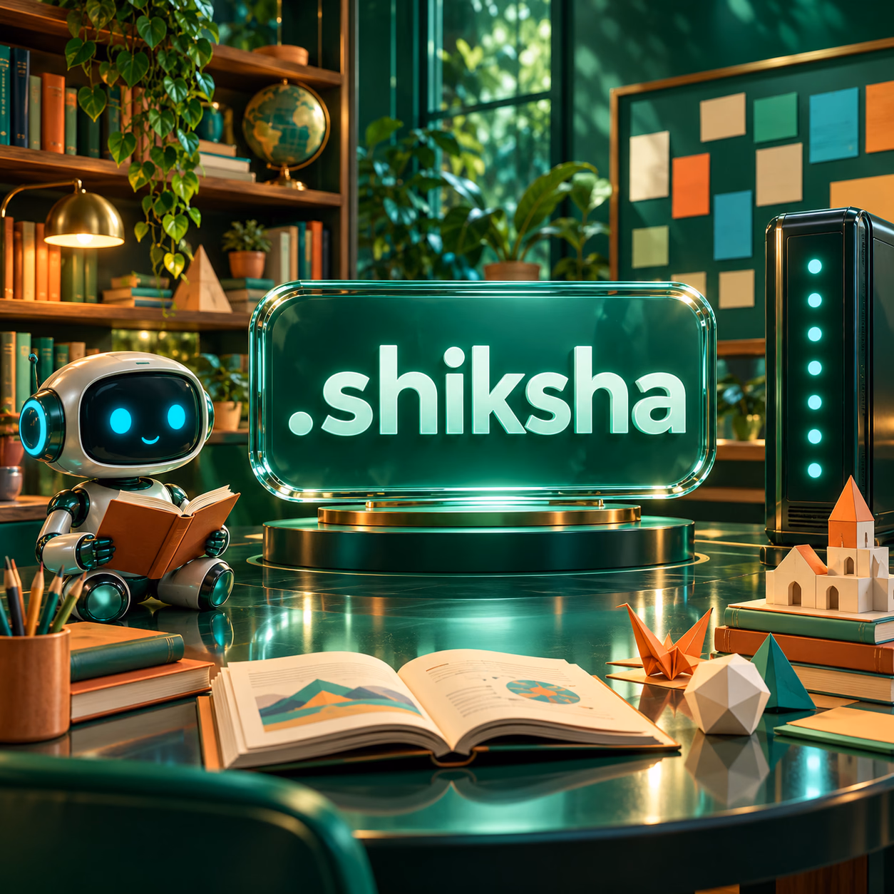 کلاس یادگیری روشن با کتابها، نیمکت و پنجرههای رنگی کنار نشان .shiksha.