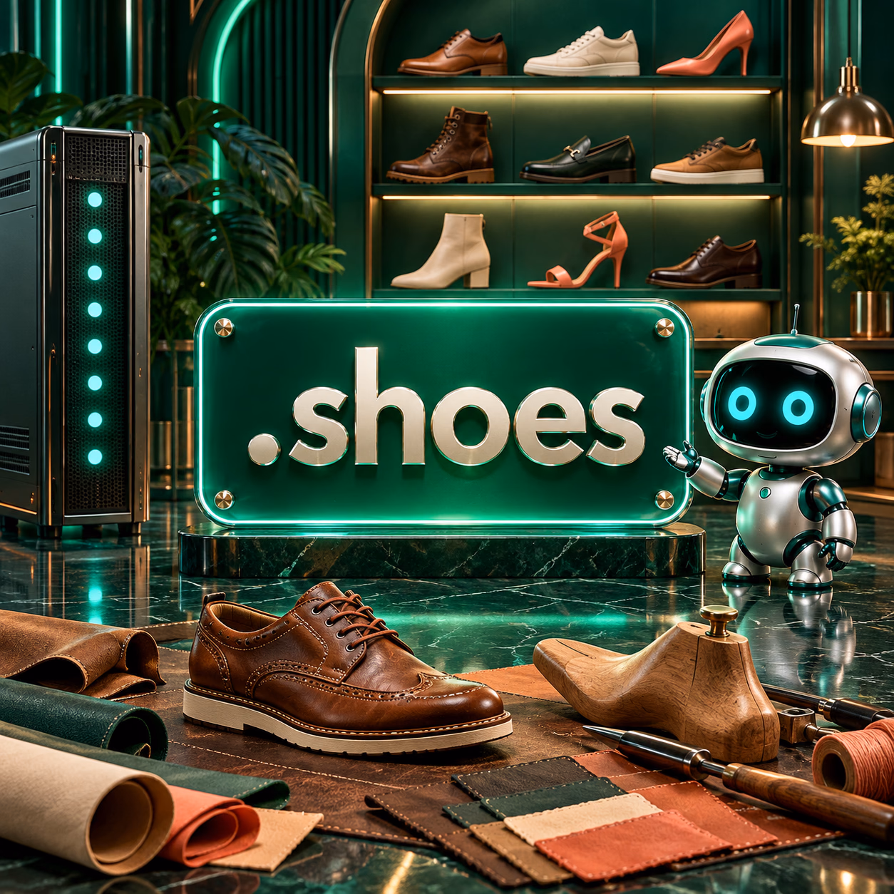 کارگاه کفشدوزی با قالب چوبی، چرم و قفسهٔ کفشهای دستساز کنار پلاک .shoes.