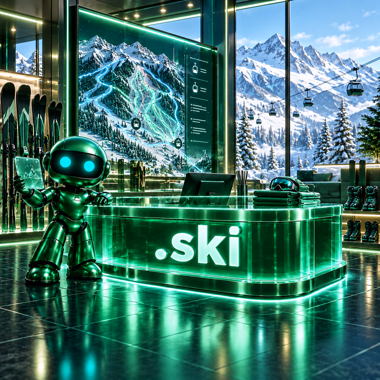 ربات سبز نت‌آرام در فروشگاه تجهیزات اسکی با نمایش مسیر پیست و پلاک شیشه‌ای .ski.