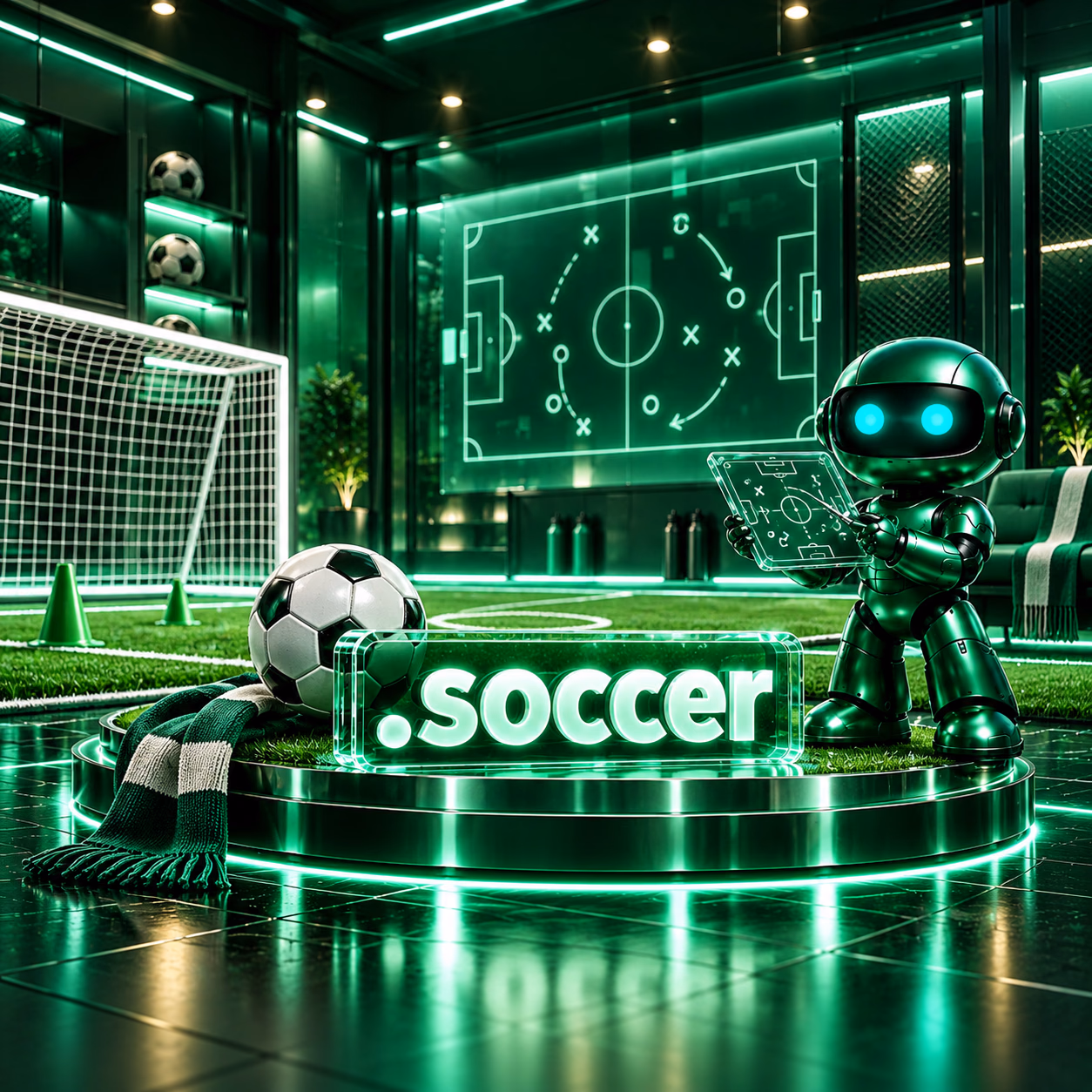 ربات سبز نت‌آرام کنار زمین فوتبال و توپ با تابلو سبز .soccer.