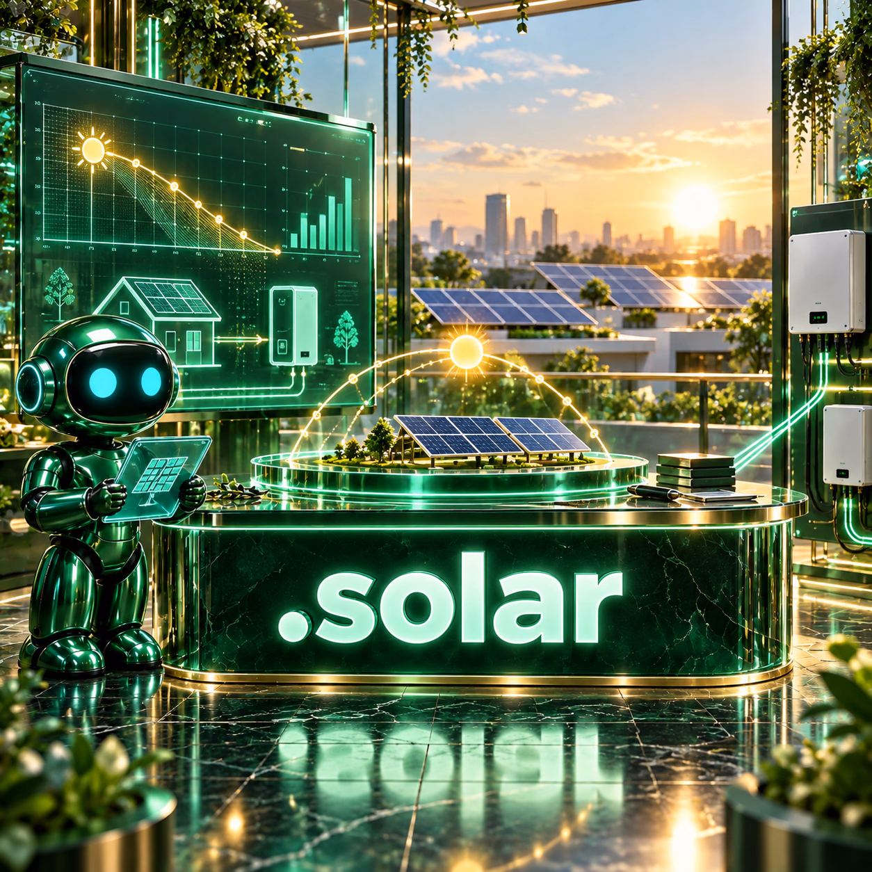 ربات سبز نت‌آرام مقابل آرایهٔ پنل‌های خورشیدی و نمایشگر انرژی با پلاک .solar.
