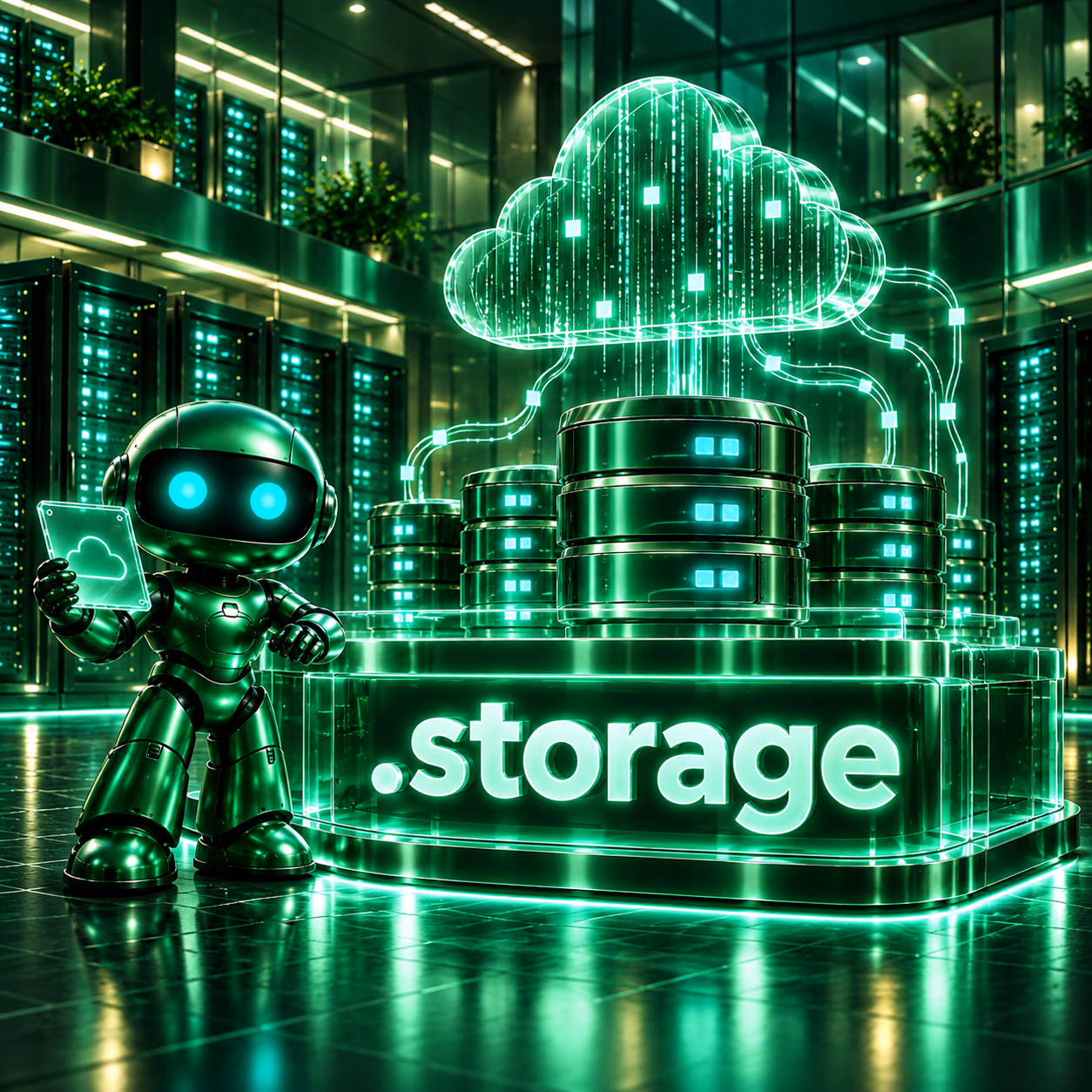 ربات سبز نت‌آرام کنار آرایهٔ ذخیره‌سازی سرور و نماد ابر داده با پلاک .storage.