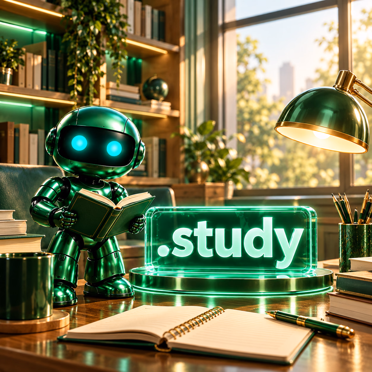 ربات سبز نتآرام در اتاق مطالعه کنار کتاب و دفتر با پلاک .study.