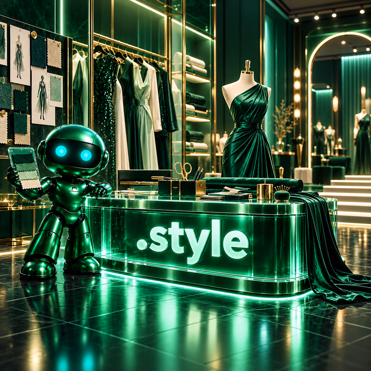 ربات سبز نتآرام در آتلیهٔ طراحی مد با پارچه و مانکن و پلاک .style.