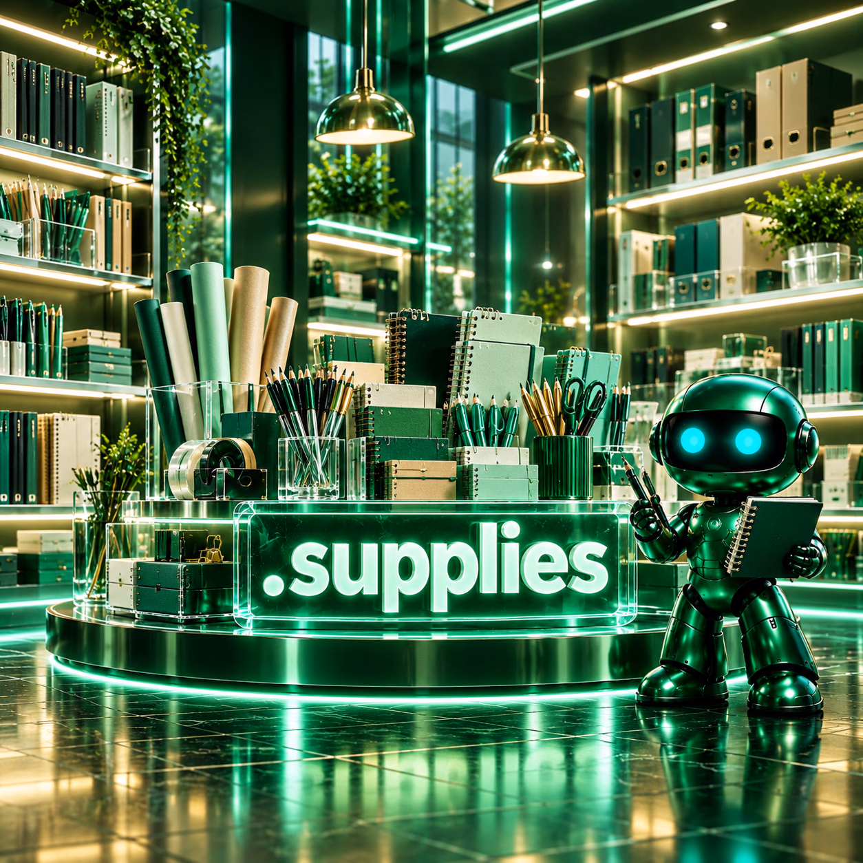 ربات سبز نتآرام در فروشگاه ابزار و ملزومات کنار قفسهها و پلاک .supplies.