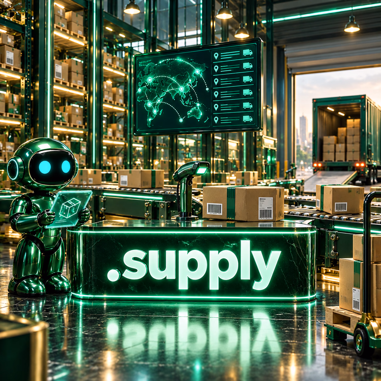 ربات سبز نتآرام در مرکز برنامهریزی تأمین با بستهها و نقشهٔ مسیر و پلاک .supply.