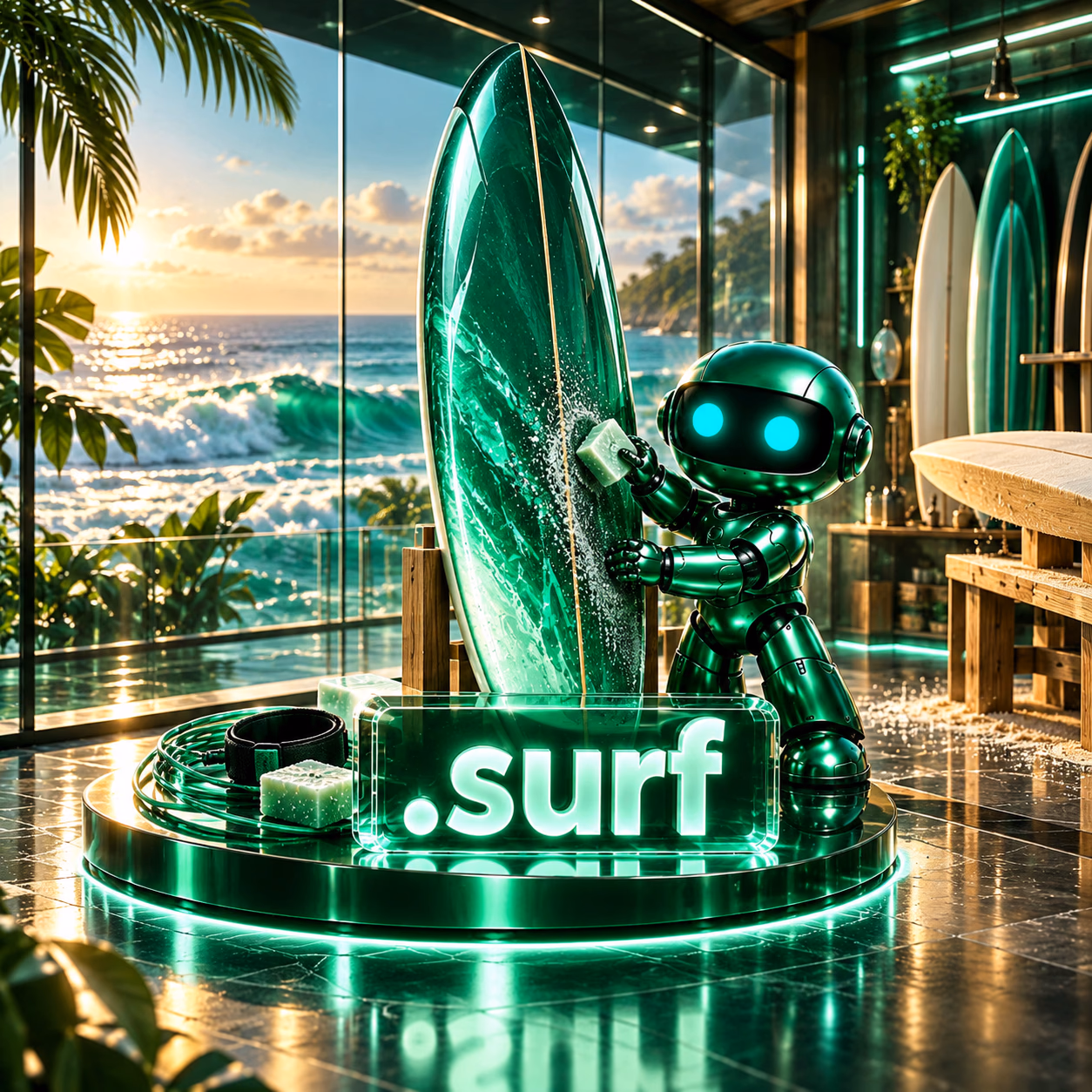 ربات سبز نتآرام کنار تختهٔ موجسواری و ساحل با پلاک شیشهای .surf.