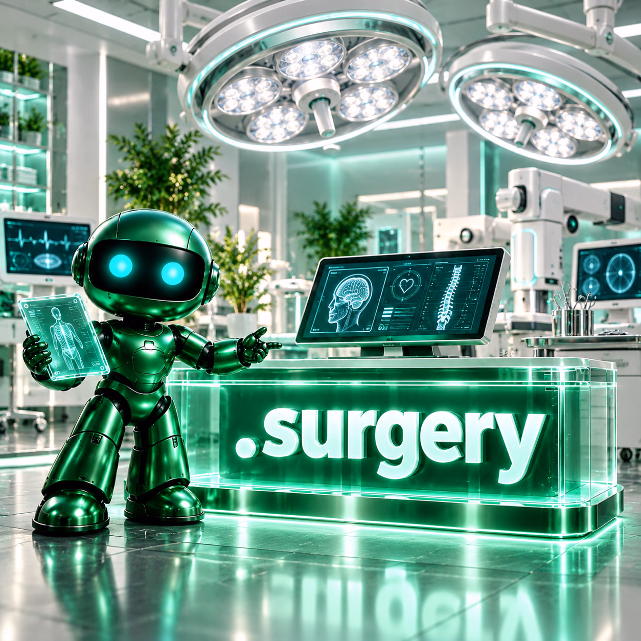 ربات سبز نتآرام در اتاق برنامهریزی جراحی پاکیزه با نمایشگرهای پزشکی و پلاک .surgery.