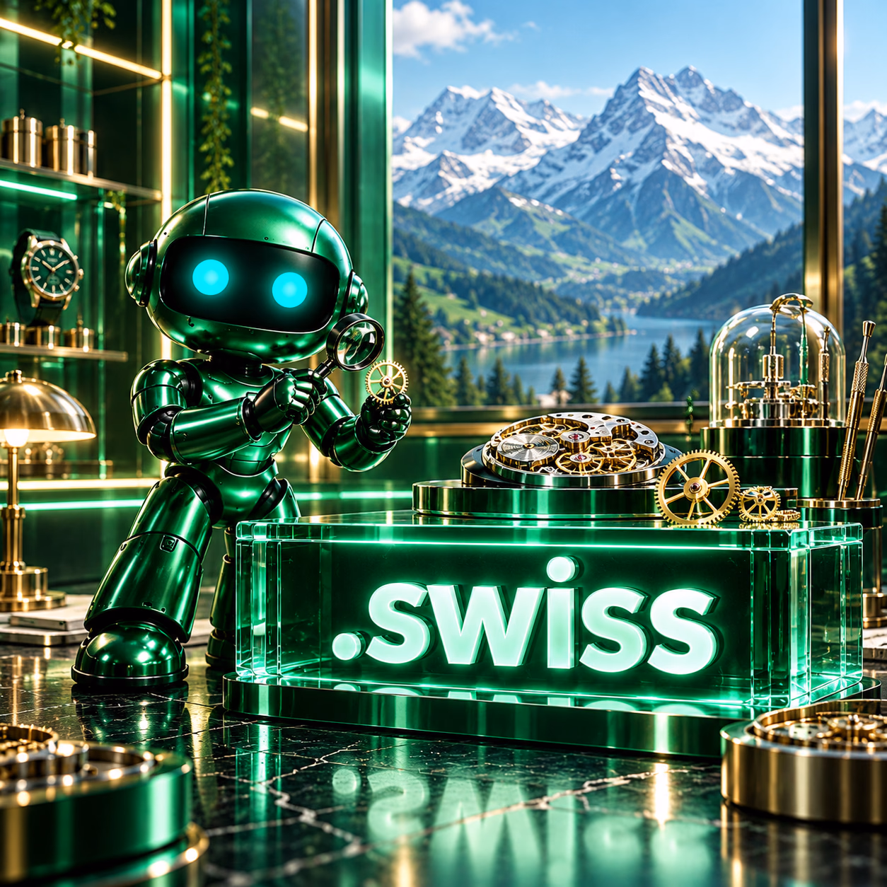 ربات سبز نتآرام در آتلیهٔ ساعتسازی با پنجرهٔ کوهستان آلپ و پلاک .swiss.