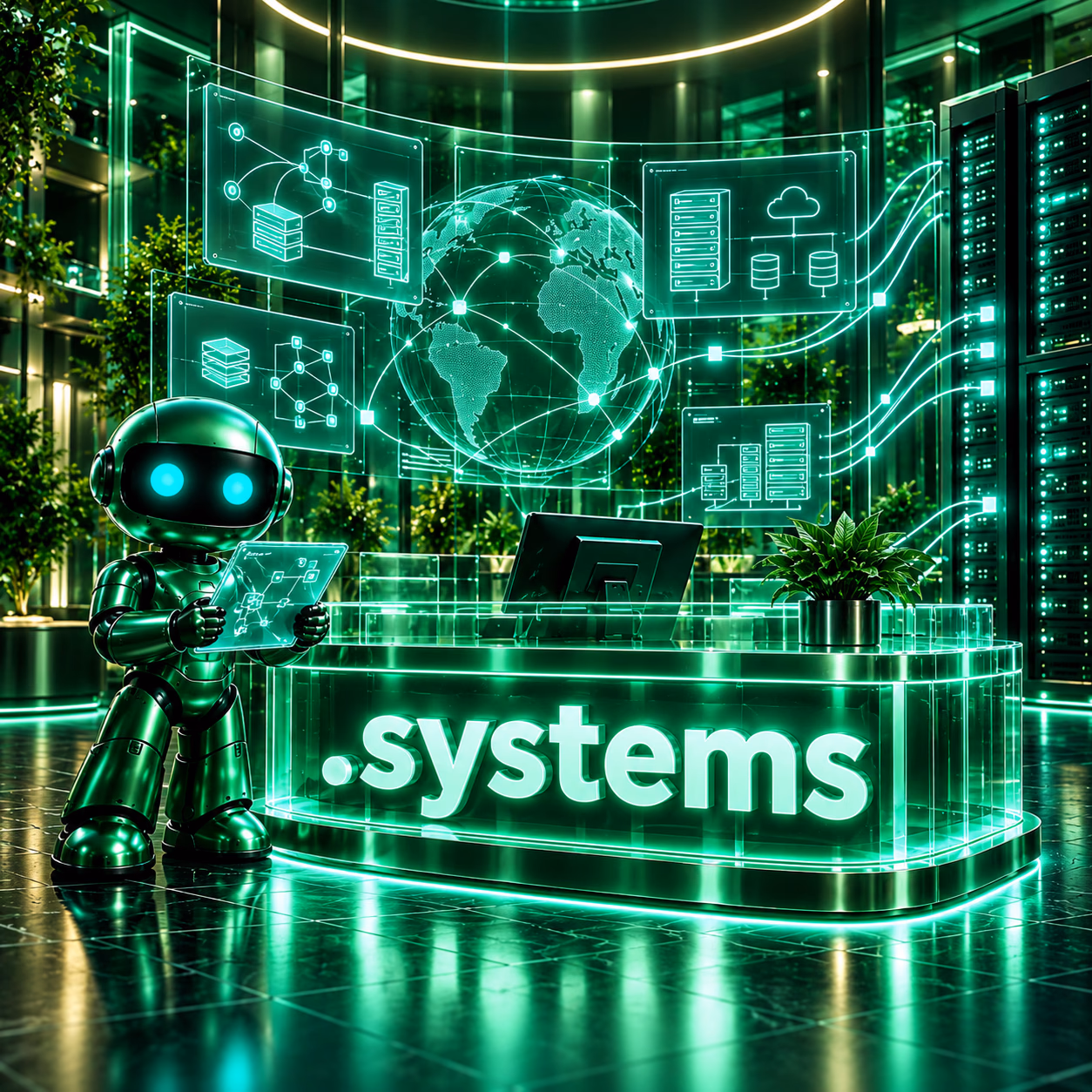 ربات سبز نتآرام در مرکز مهندسی سامانه با نقشهٔ شبکه و رکهای سرور و پلاک .systems.