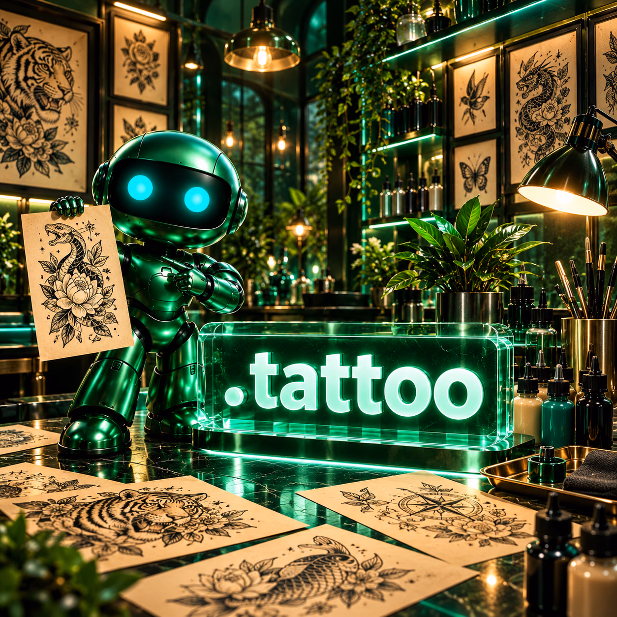 ربات سبز نتآرام در آتلیهٔ طراحی تاتو کنار طرحهای کاغذی و پلاک .tattoo.