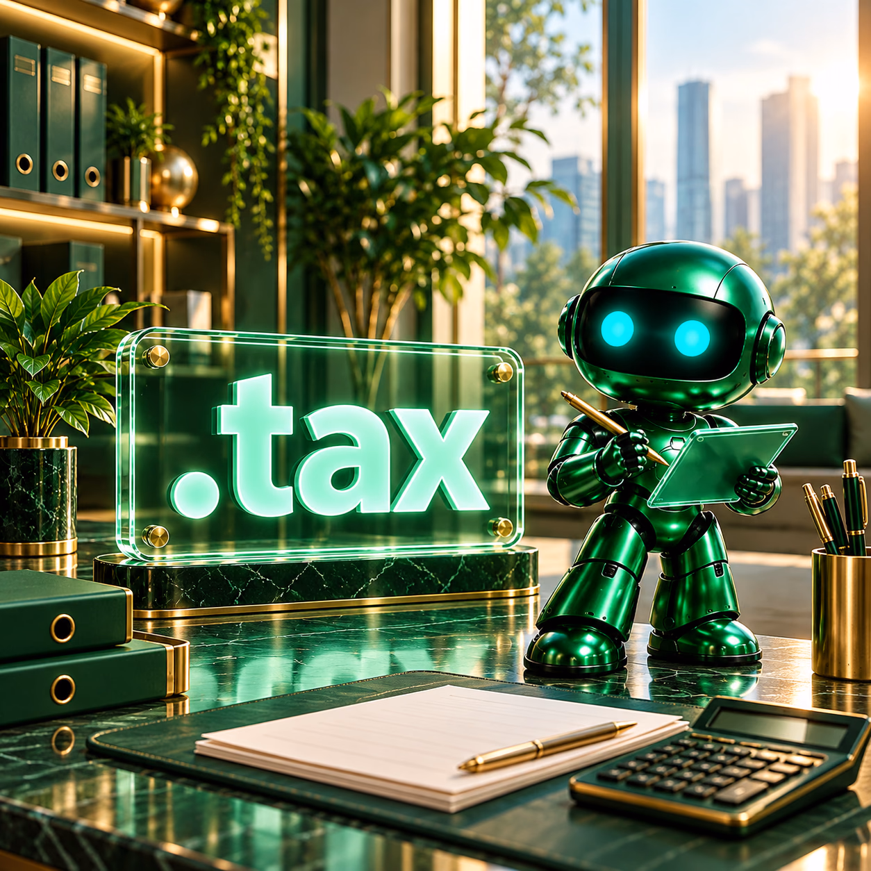 ربات سبز نت‌آرام در میز حسابداری با ماشین‌حساب و اسناد بی‌متن و پلاک .tax.