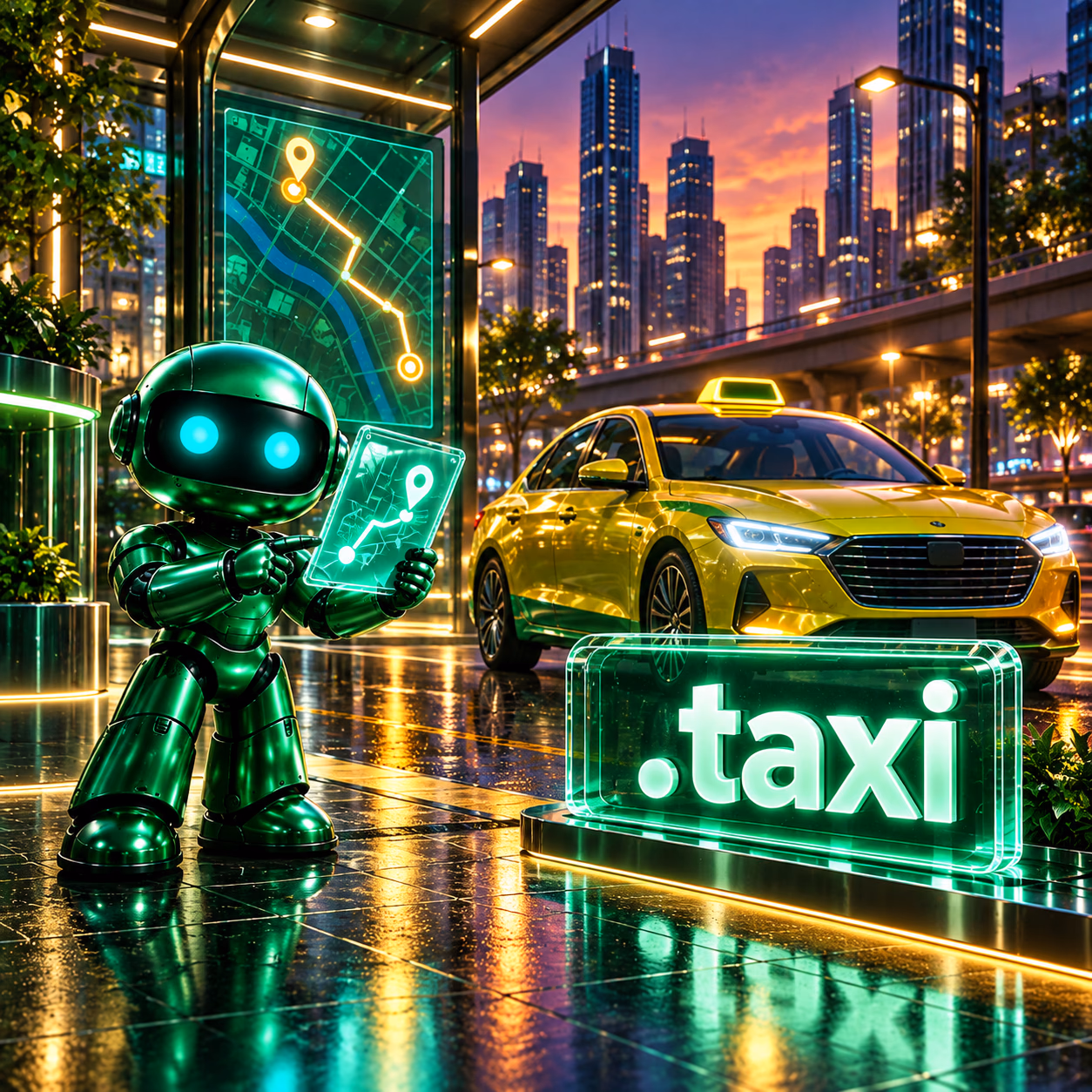 ربات سبز نتآرام کنار تاکسی شهری و نمایشگر مسیر با پلاک .taxi.