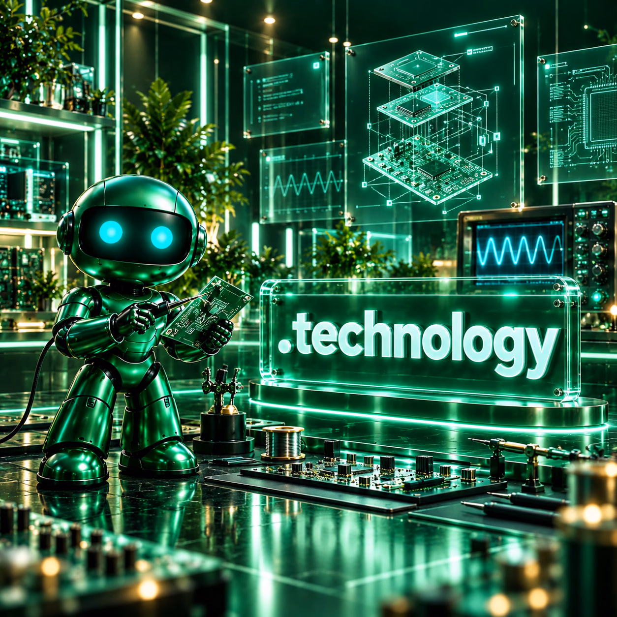 ربات سبز نتآرام در آزمایشگاه طراحی مدار و فناوری با پنلهای داده و پلاک .technology.