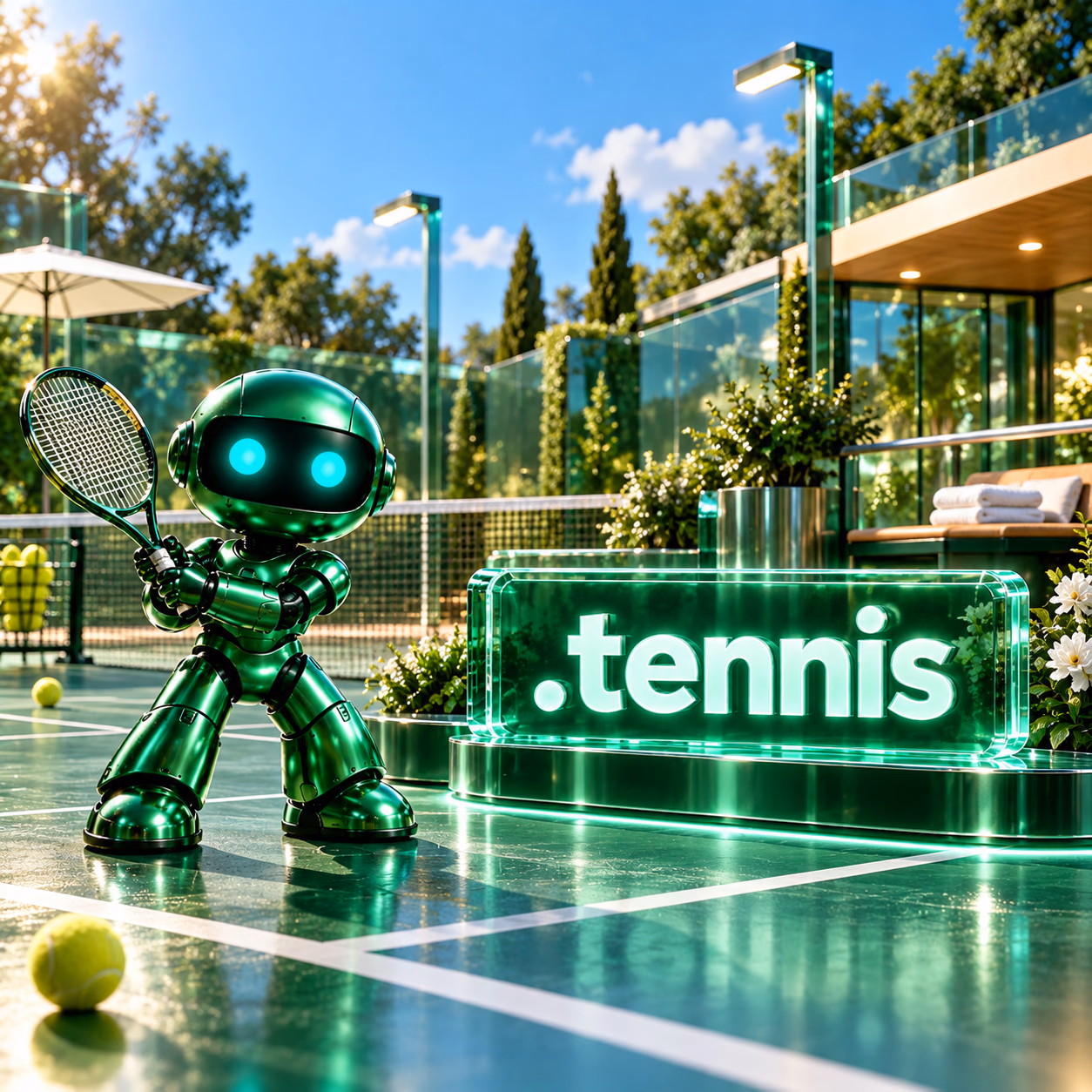 ربات سبز نتآرام کنار زمین تنیس با راکت و توپ و پلاک شیشهای .tennis.