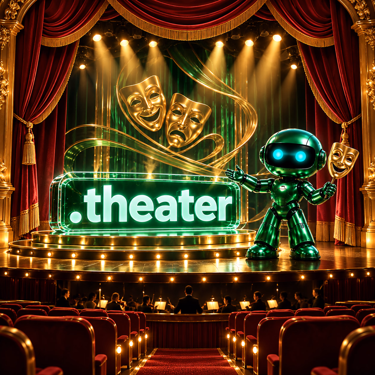 ربات سبز نتآرام در صحنهٔ تئاتر با پردهٔ مخمل و نورافکن و پلاک .theater.