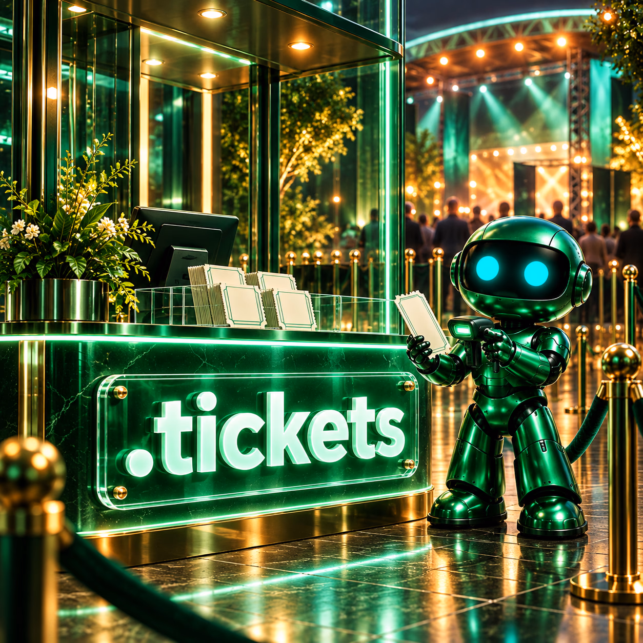 ربات سبز نتآرام در باجهٔ ورود رویداد با اسکنر و بلیتهای بیمتن و پلاک .tickets.