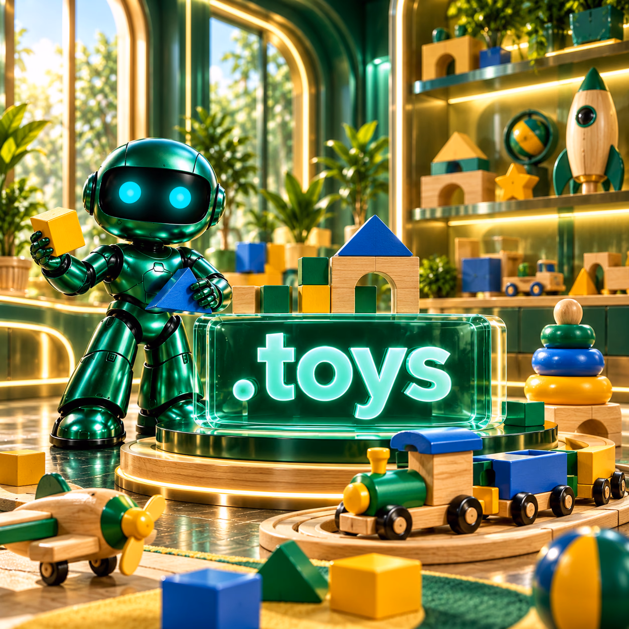 ربات سبز نتآرام در اتاق بازی مدرن کنار بلوکهای چوبی و قطار اسباببازی با پلاک .toys.