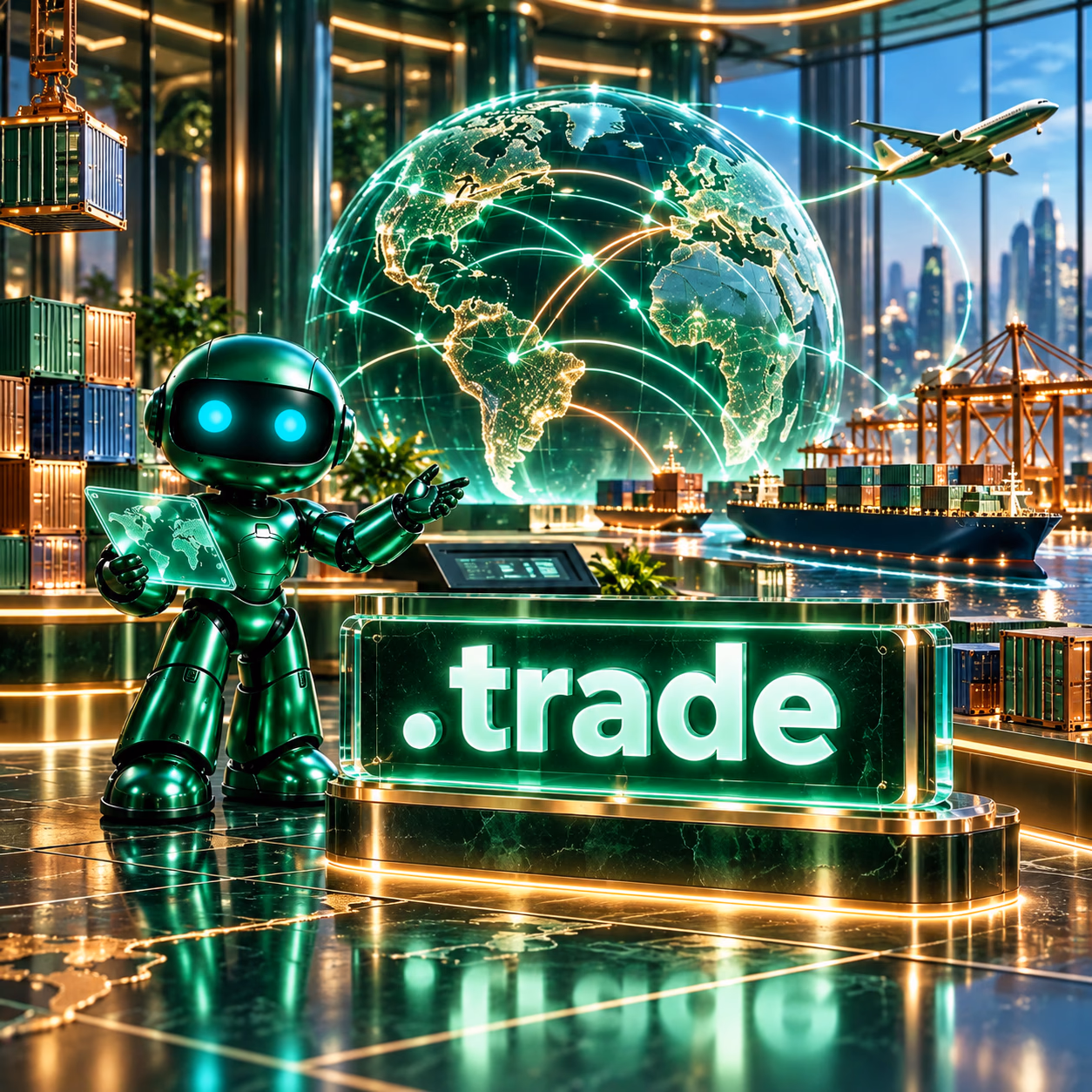 ربات سبز نتآرام در تالار تجارت بینالملل با کانتینرهای مینیاتوری، دفتر اسناد و تابلوی .trade.