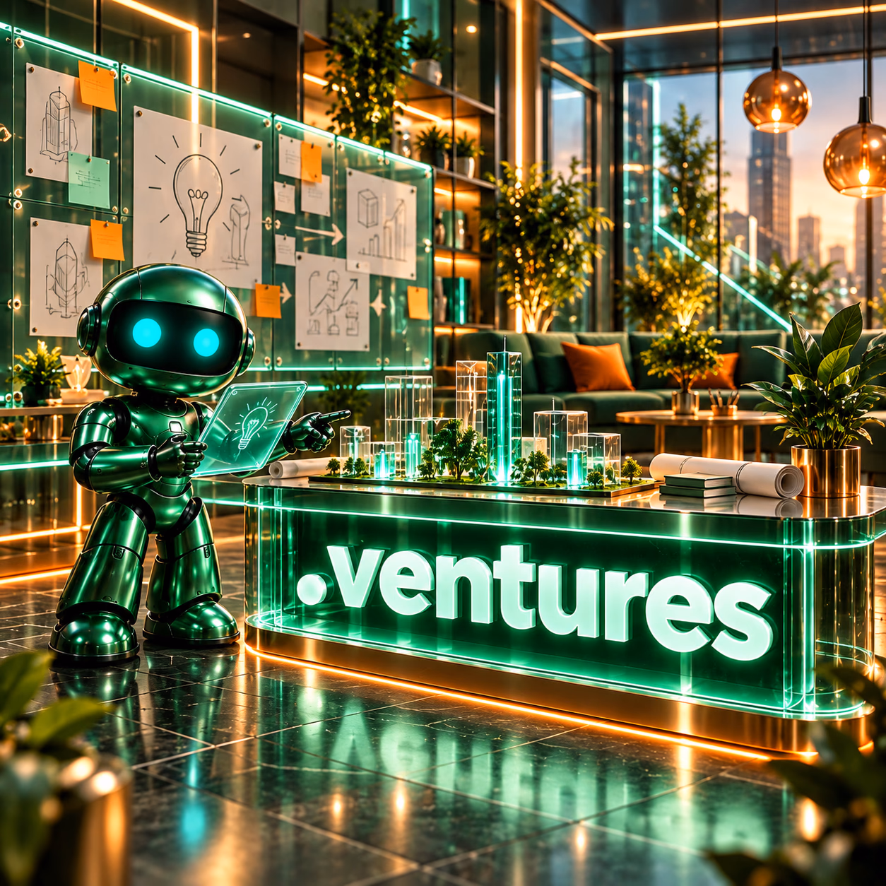 ربات سبز نتآرام در فضای نوآوری با نمونهٔ اولیهٔ محصول، دیوار ایدهها و پلاک .ventures.