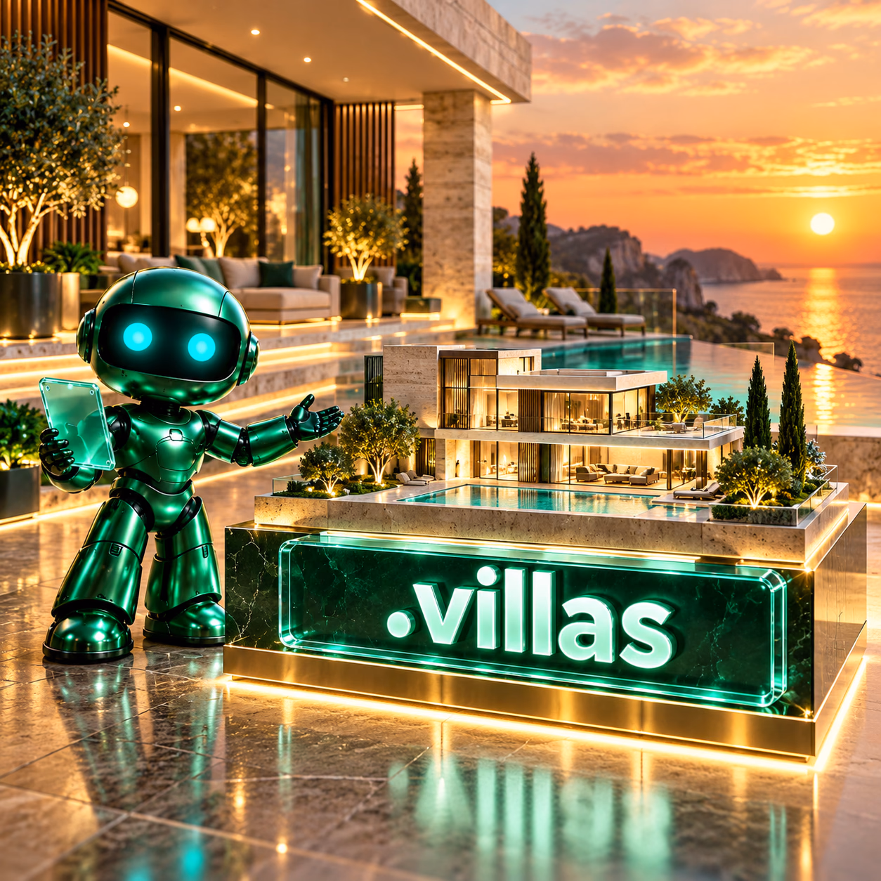 ربات سبز نتآرام جلوی ماکت ویلای مدرن با استخر کوچک، نقشهٔ ملک و تابلوی .villas.
