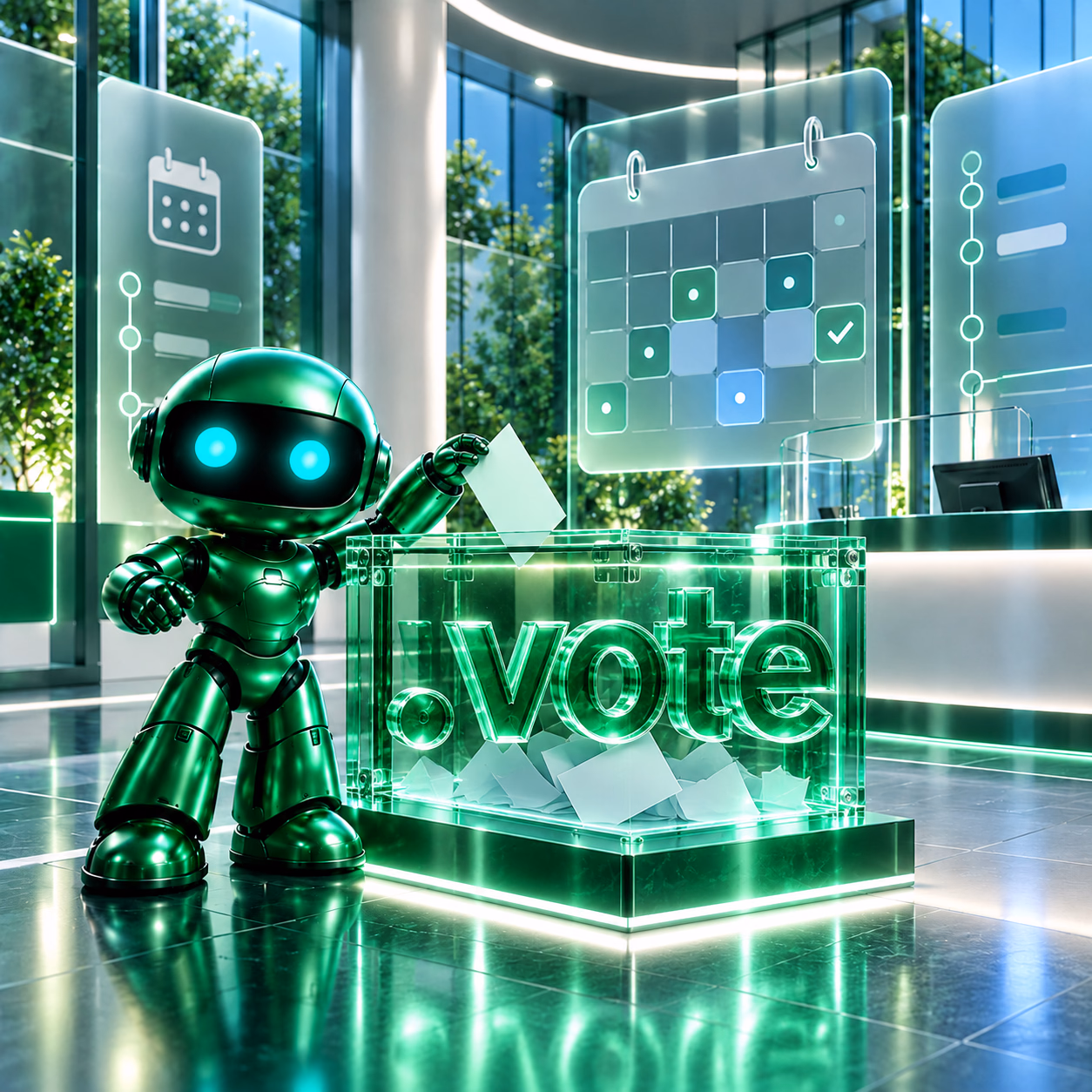 ربات سبز نتآرام کنار صندوق رأی شفاف و حروف سهبعدی روی بدنهٔ آن با پسوند .vote.
