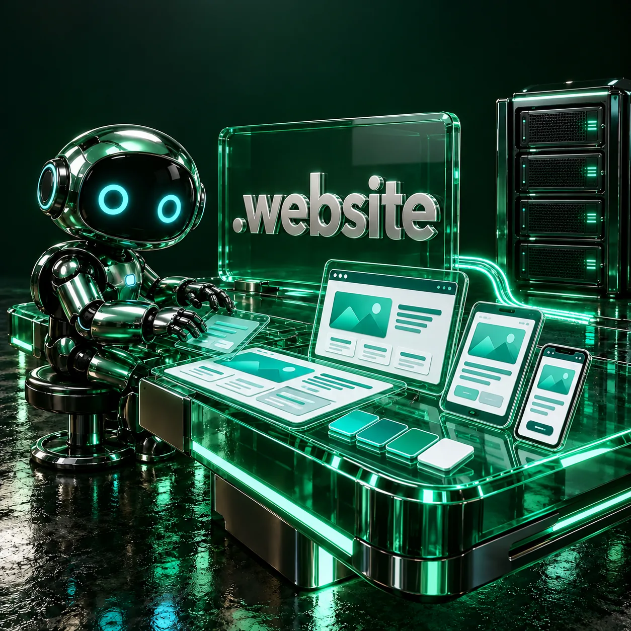 چند نمای واکنش‌گرای وب‌سایت روی نمایشگر با ربات توسعه‌دهنده و سرور؛ صحنهٔ طراحی سایت در موبایل و دسکتاپ.