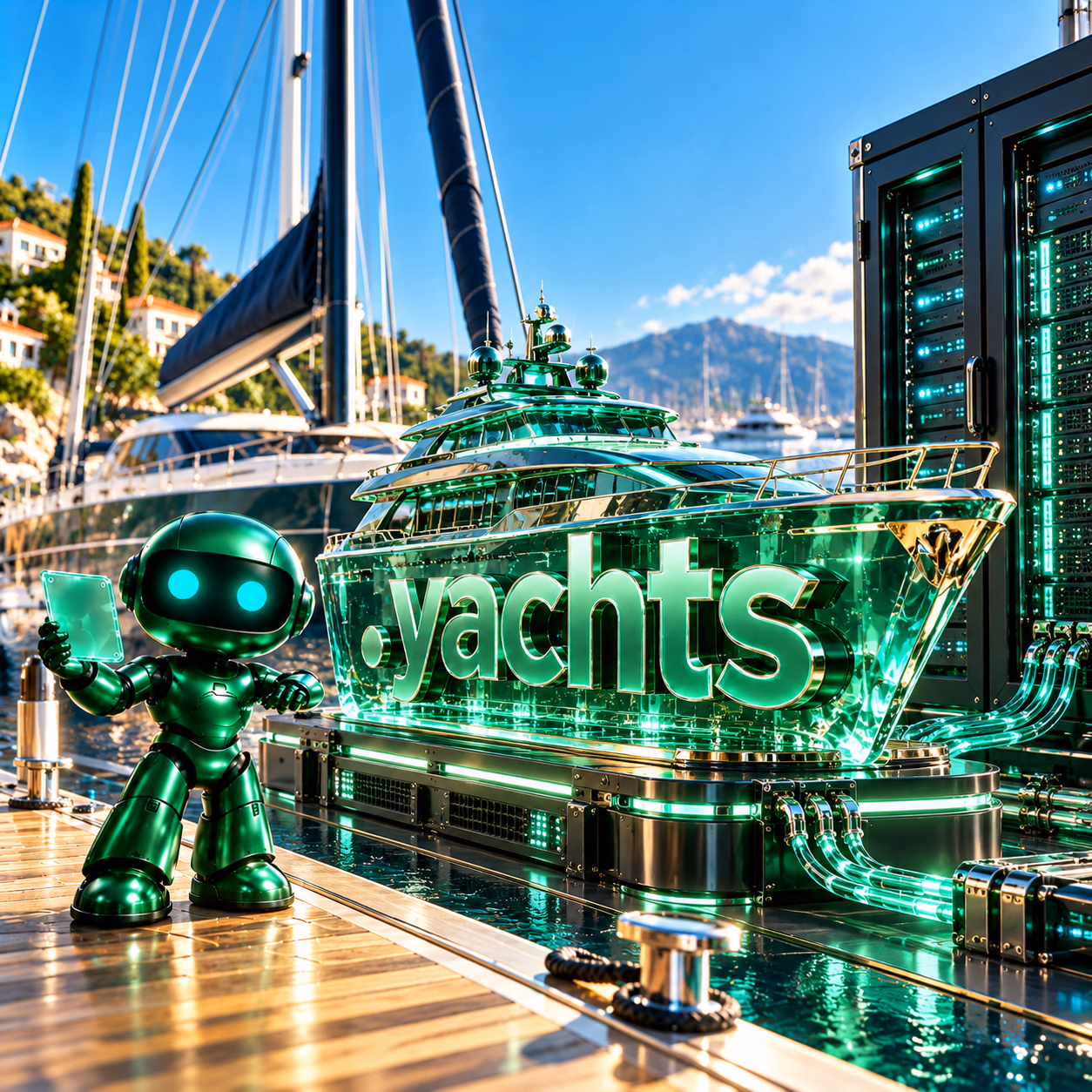ربات سبز نتآرام کنار ماکت قایق شیشهای روی سکوی سرور در اسکله با پسوند .yachts.