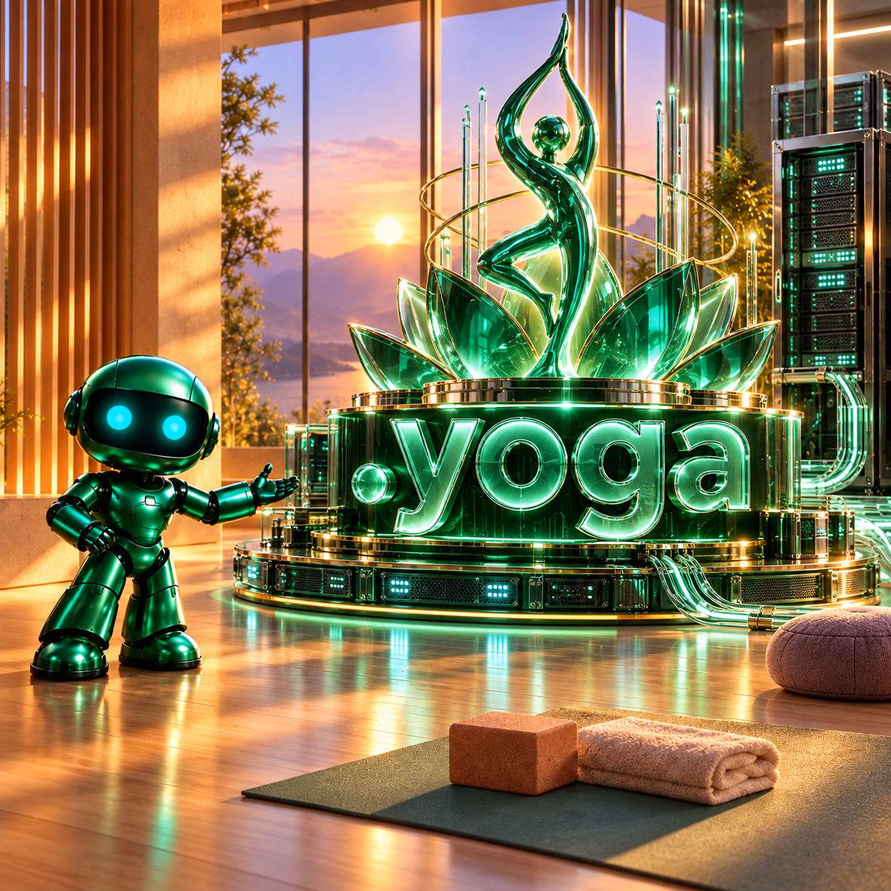 ربات سبز نتآرام کنار سازهٔ نیلوفر و یوگای شیشهای متصل به سرورهای وب با پسوند .yoga.